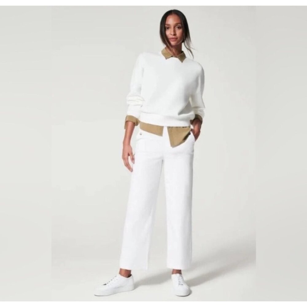 Spanx women’s M petite Stretch Twill Cropped Wide Leg White Khaki Pants